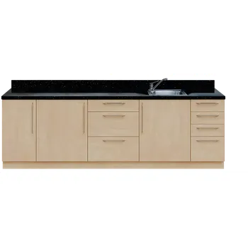 Dětská kuchyňka KUCH - CV260 cvičná kuchyňka, vybavení - dřez + baterie, 870x2600x600 mm, bříza světlá + deska černá andromeda