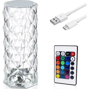 Stojací lampa Interlook RPL-C16-RGB | Stolní křišťálová LED lampa | vzor růže | 16 RGB barev, dotykový panel, dálkové ovládání, USB-C kabel, 2000mah baterie