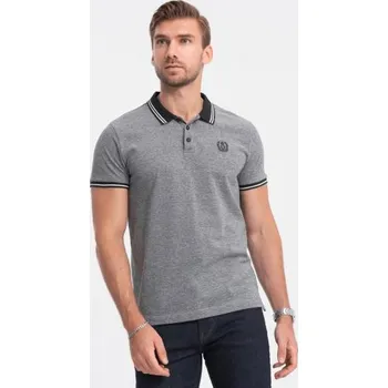 Pánské tričko Pánská melanžová polokošile s pruhovaným límečkem černá melanžová