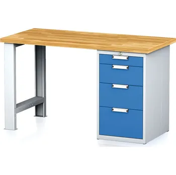 Dílenský stůl Alfa 3 Dílenský pracovní stůl MECHANIC I, pevná noha + dílenský box na nářadí, 4 zásuvky, 1500 x 685 x 880 mm, modré dveře