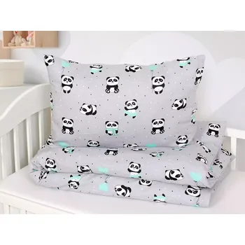 Povlečení Dětské bavlněné povlečení - panda na šedé - do postýlky 90x140+40x60