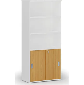 Policová skříň B2B Partner Kombinovaná kancelářská skříň PRIMO WHITE, zasouvací dveře na 2 patra, 800 x 420 x 1781 mm, bílá/buk