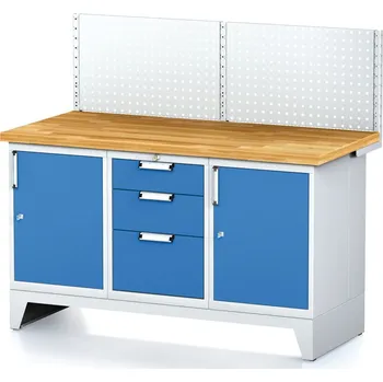 Dílenský stůl Alfa 3 Dílenský stůl MECHANIC I , perforovaný panel,2 skříňky a zásuvkový box na nářadí, 3 zásuvky, 1500x685x880 mm, modré dveře