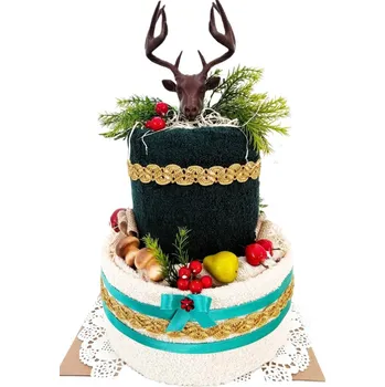 Bytová dekorace Veratex Textilní dort myslivecký dvoupatrový z ručníků a osušky s jelenem