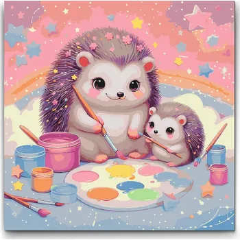 Malování podle čísel - Malování v oblacích - ježci Velikost: 50x50cm, Rámování: Pouze srolované plátno