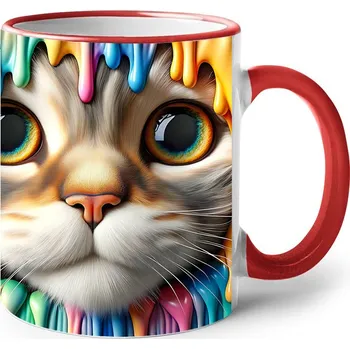 Keramický hrnek s kočičkou, Barva Červená, Velikost 330 ml, Canvas Keramický hrnek s barevným uchem 2596