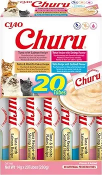 Pamlsek pro kočku Inaba Churu Cat Snack Multipack Tuna with Salmon/Tuna with Shrimp/Tuna and Bonito Flakes/Tuna with Seafood 20x 14 g