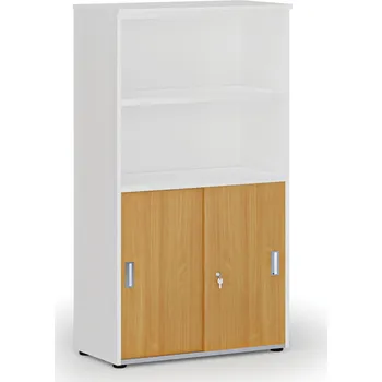 Policová skříň B2B Partner Kombinovaná kancelářská skříň PRIMO WHITE, zasouvací dveře na 2 patra, 800 x 420 x 1434 mm, bílá/buk
