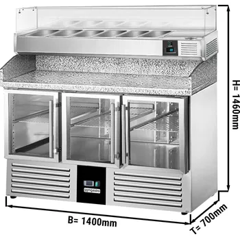 Vinotéka G.Gastro Pizza chladicí stůl PREMIUM - 1,4 x 0,7 m - se 3 skleněnými dveřmi