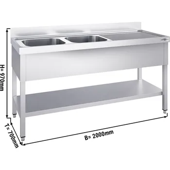 Kuchyňská skříňka G.Gastro Dřezová skříňka PREMIUM z nerezové oceli - se spodní policí - 2,0 m - 2 dřezy vlevo - D 60 x Š 50 x H 30 cm