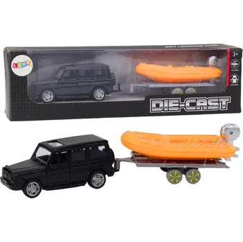 autíčko LEAN Toys Černý terénní vůz s přívěsem pro přepravu lodí a oranžovým člunem