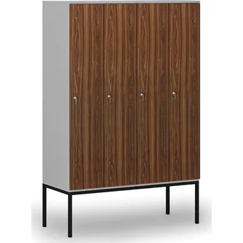 Šatní skříň B2B Partner Dřevěná šatní skříňka S4 s podnoží, 4 oddíly, 1871 x 1200 x 500 mm, demont, cylindrický zámek, šedá/ořech