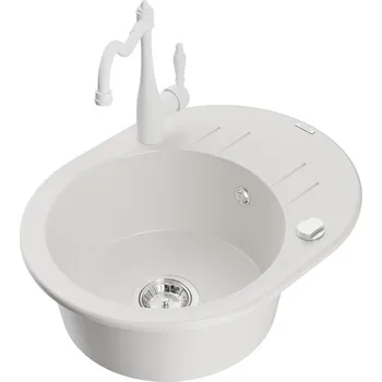 Mexen Kevin 1-miskový granit dřez s odkapem a baterií Carla, bílá 6517-20-670700-20