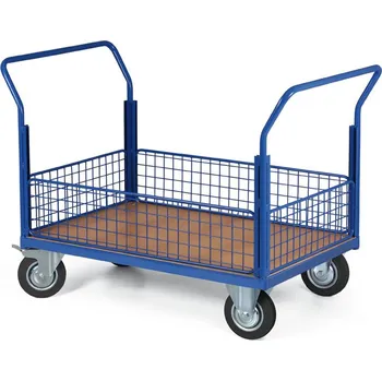 B2B Partner Plošinový vozík - 4 nízké drátěné výplně, 1000x700 mm, nosnost 400 kg, kola 200 mm s černou pryží
