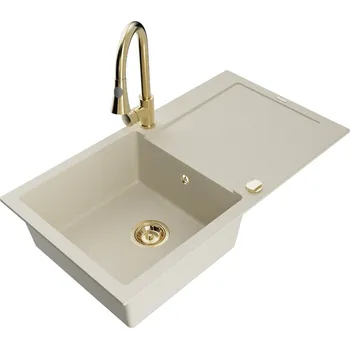 Kuchyňský dřez Mexen Leo 1miskový granit dřez s odkapem a baterií Elia, béžová 6501-69-670101-50