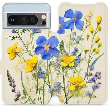 Pouzdro na mobilní telefon Flipové pouzdro Mobiwear - Google Pixel 8 Pro - VP41S Modré a žluté kvítky (Knížkové flip pouzdro, obal, kryt na mobil Google Pixel 8 Pro - VP41S Modré a žluté kvítky, materiál Umělá kůže + TPU - ochrana 360°, stojánek, silikonová vanička, magnetické)