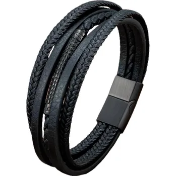 Náramek Joy-sperky Pánský kožený náramek vícevrstvý, kůže chirurgická ocel černý STYLE Délka: 22 cm