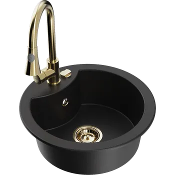 Granitový dřez Mexen Diego granitový dřez 1-komorový s kuchyňskou baterií Elia, černý - 6512-77-670101-50 Granitové dřezy s baterií