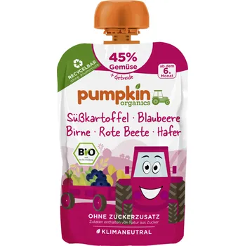 Pumpkin Organics BIO Zeleninové pyré - Batát, borůvka, hruška, červená řepa, oves, 6. měsíc, 100 g
