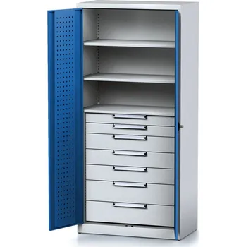 Alfa 3 Policová dílenská skříň 2-dveřová MECHANIC, 3 police, 7 zásuvek, 920 x 500 x 1950 mm, modré dveře