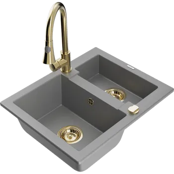 Granitový dřez Mexen Carlos žulový dřez 1,5-komorový s kuchyňskou baterií Elia, šedý - 6518-71-670101-50 Granitové dřezy s baterií