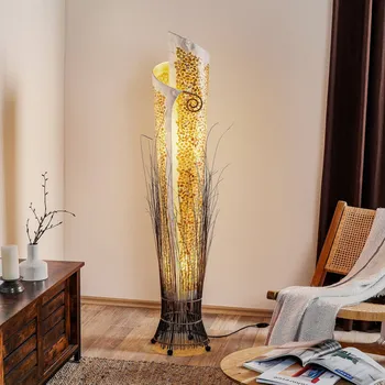 Lampička Woru Exotická stojací lampa YUNI 150 cm - kabel 200 cm krémová, hnědá 2 x 40 W - Doprava zdarma