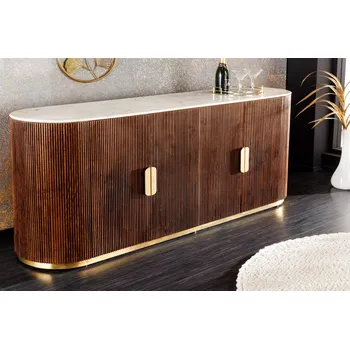 Organizace kuchyně Luxusní art deco oválný čtyřdveřový příborník Gatsby z mangového dřeva s mramorovou vrchní deskou hnědá bílá 180 cm