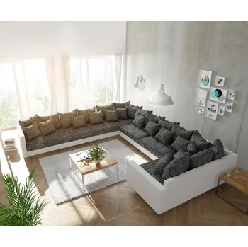 Ložnicová sestava DELIFE Pohovka ve tvaru "U" Clovis XXL bílá černá s područkou levá lenoška