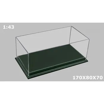 Dárková krabička Vitrínková krabička na modely 1:43 - Čirý Kryt a vysoká Podlážka ze zelené kůže Ručně Vyráběná Akrylová Vitrína + Podlážka z kůží - Box na modely 1/43 - 170x80x70