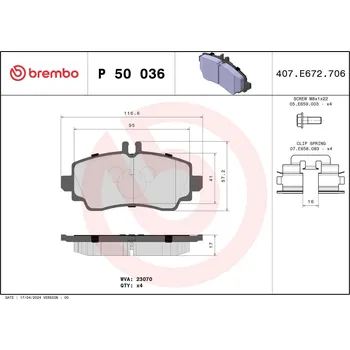 Brzdová destička Sada brzdových destiček, kotoučová brzda BREMBO P 50 036