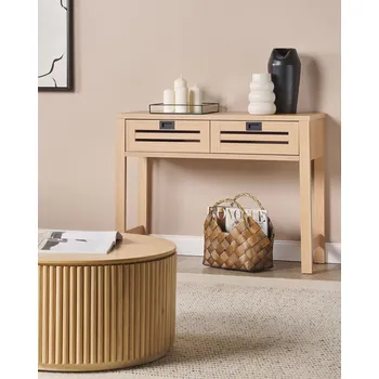 Konferenční stolek Konzolový stolek ze světlého dřeva ošetřené dřevo 2 zásuvky černé úchyty obývací pokoj předsíň boho moderní design Beliani