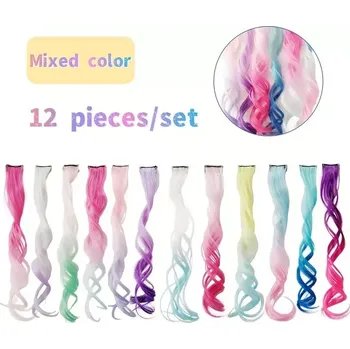 Příčesek Ozdobné příčesky do vlasů Clip In zvlněné 12 kusů - duha multikolor