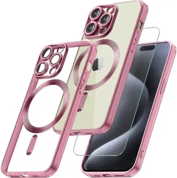 Pouzdro na mobilní telefon Sada tvrzené sklo + silikonový průhledný kryt Magsafe s ochranou fotoaparátu pro iPhone 14 Pro Barva: Růžová