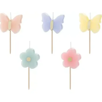 Dortová svíčka PartyDeco Svíčky motýlci a kytky 5 ks