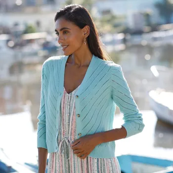 Dámský svetr Blancheporte Ažurový svetr na knoflíky, krátký střih tyrkysová 34/36