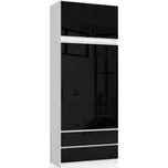 Šatní skříň s nadstavbou S90 2 dvířka 2 zásuvky bílá/černá lesk