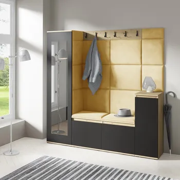 Šatní skříň Předsíňová stěna AMI 28 - se zrcadlem Světle žlutá Dub artisan/černá