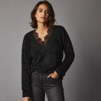 Dámský svetr Blancheporte Pulovr z materiálu s chlupem, macramé výstřih do V černá 46/48