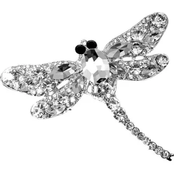 Brož Velká ozdobná brož kovová se zirkony Vážka - více barev Bílá