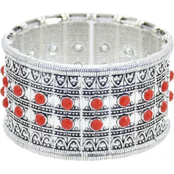 Náramek Široký kovový etno náramek na pružných gumičkách - více barev Světle červená