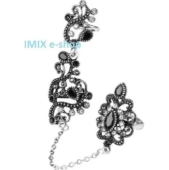 Prsten Bollywood orientální kovový trojitý prsten Asira Černá se stříbrným