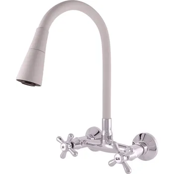 Vodovodní baterie RAV Slezák Morava Retro Nástěnná dřezová baterie s flexibilním ramínkem a sprškou, 150 mm, chrom/šedá, MK102.5/13S-II