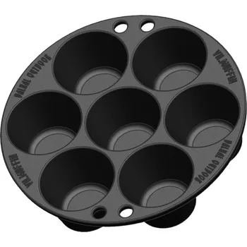 pekáč Litinová forma na muffiny 22x5 cm VH.MUFFIN Valhal Outdoor, 7 otvorů 6,5 cm, s madlem (Valhal Outdoor Holland VH.MUFFIN forma z litiny pro pečení 7 muffinů najednou)