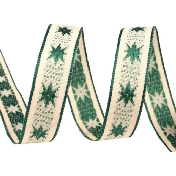 Stuha a.s. Plátnová stuha s drátem zelená hvězdy, šíře 25 mm