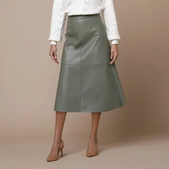 Dámská sukně Rozšířená koženková midi sukně khaki 36