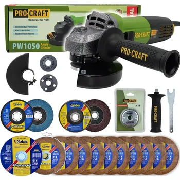 úhlová bruska Bruska úhlová Procraft PW1050 + rychloupínací matice, 10x řezný kotouč, 2x lamelový kotouč