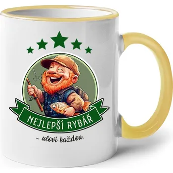 Keramický hrnek Nejlepší rybář, uloví každou, Barva Žlutá, Velikost 330 ml, Canvas Keramický hrnek s barevným uchem Bezvatriko.cz 2677