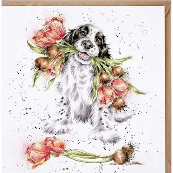 Přání 15 x 15 cm "Blooming with love " Wrendale Designs - pejsek s tulipány