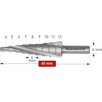 Vrták Karnasch 213004 | Stupňovitý vrták CBN broušený, 3 řezné hrany průměr 4-12 mm, max. hloubka řezání 4 mm