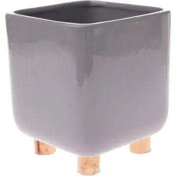 Keramický obal na květináč s dřevěnými nožkami, šedý